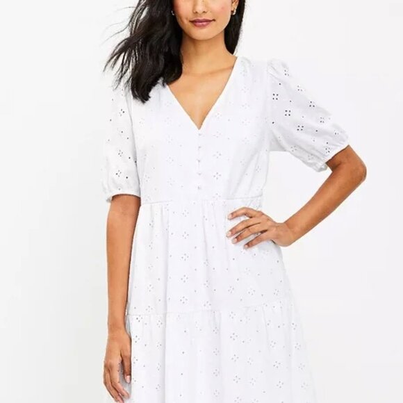 LOFT White Eyelet Tiered Dress • Short Sleeve V-Neck • Size Large - Picture 1 of 4